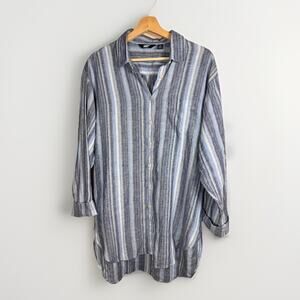Lands' End Blue Striped 100% Linen Button-Up Blouse Oversized Extra Long Tunic